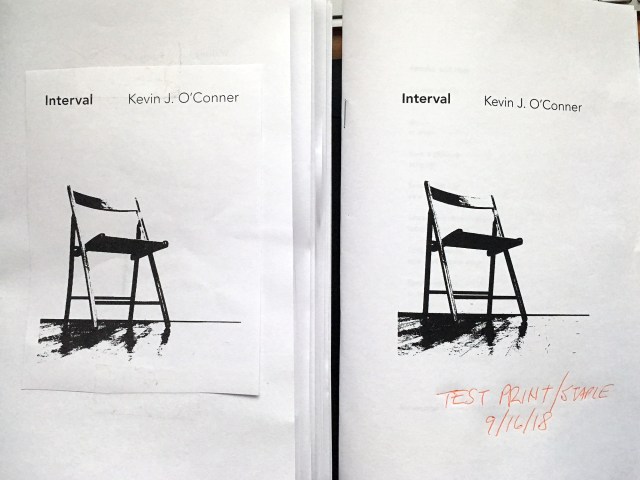 Photos of Interval chapbook—mock-up on the left, test print on the right.